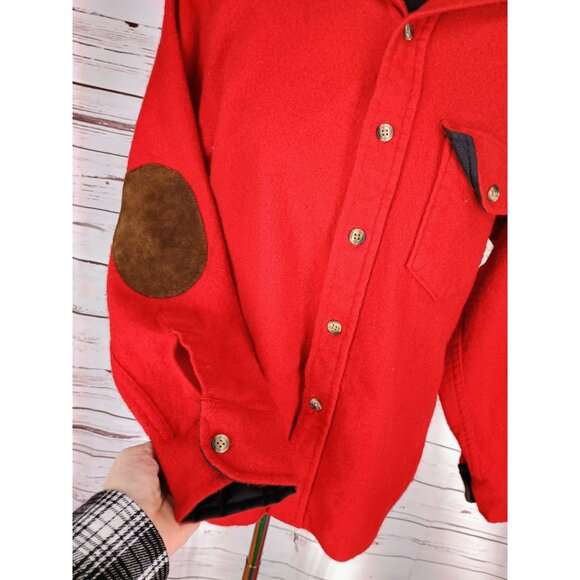 Vintage Woolrich Mens M Red Wool Leather Look Collar Elbow Patches Shirt Hunting - Picture 6 of 7